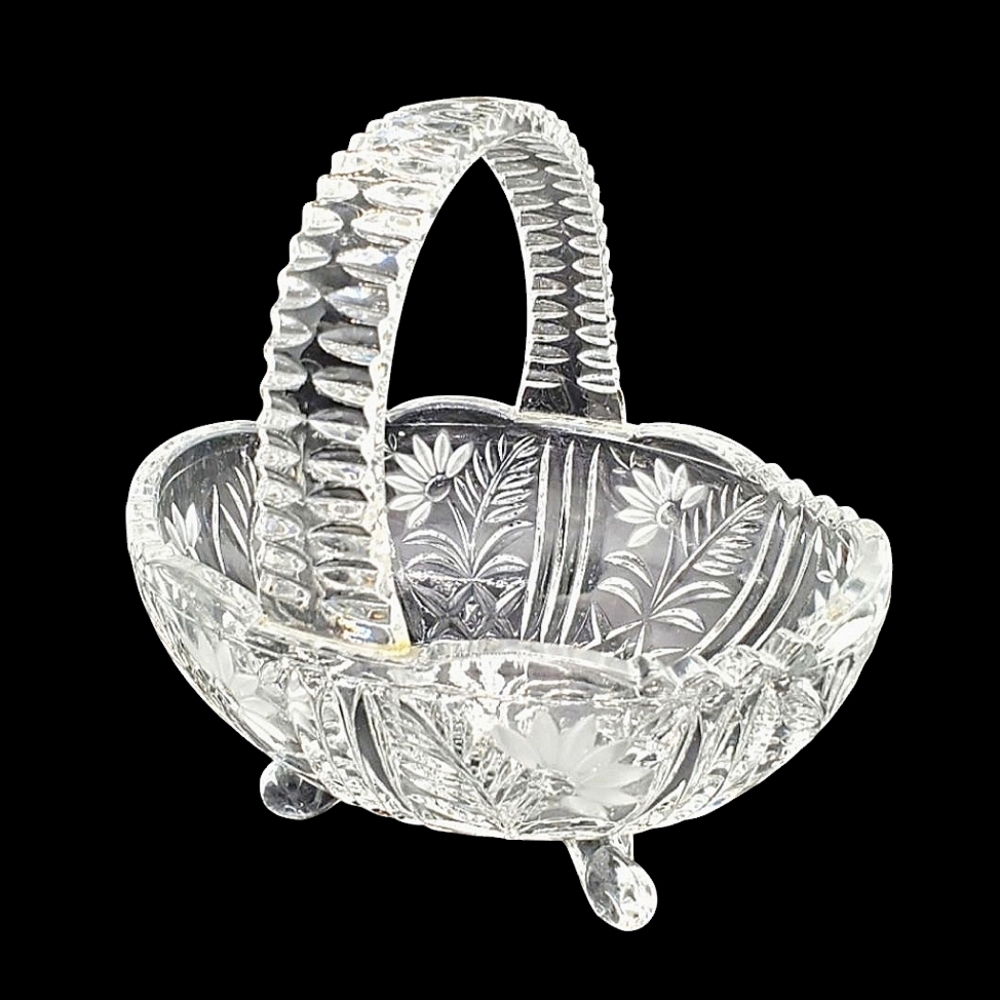 4 Footed Crystal Oval Basket w/Frosted Etched Flowers & Wide Ribbed Hand…